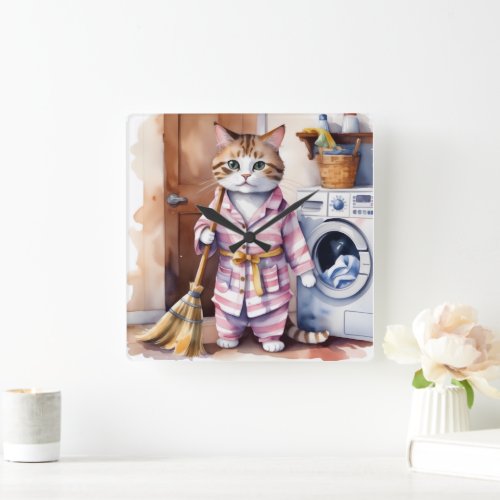 Adorable Cat in Pajamas Doing Laundry Funny  Square Wall Clock