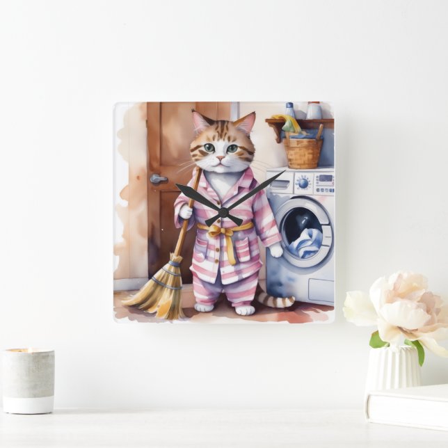 Adorable Cat in Pajamas Doing Laundry Funny  Square Wall Clock (Home)
