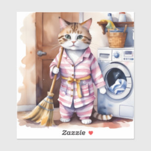Adorable Cat in Pajamas Doing Laundry Funny Sticker