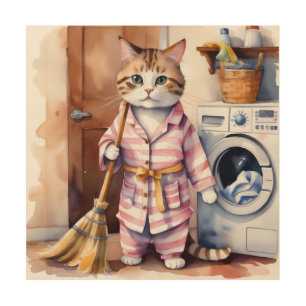 Adorable Cat in Pajamas Doing Laundry Funny  Wood Wall Art