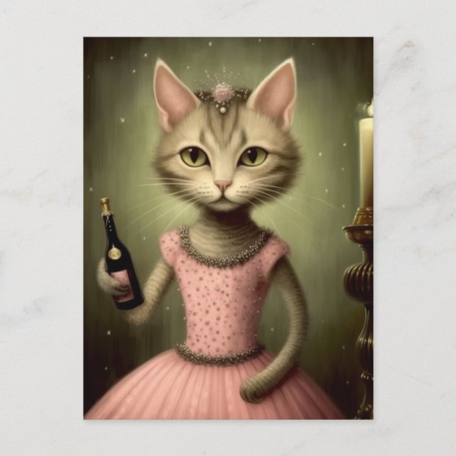 Adorable Cat in Pink with Champagne Bottle Postcard (Front)
