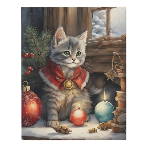 Adorable Cat in Red Cape at Christmas  Faux Canvas Print