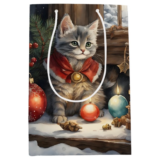 Adorable Cat in Red Cape at Christmas  Medium Gift Bag (Front)