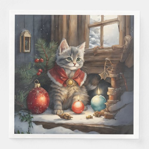 Adorable Cat in Red Cape at Christmas  Paper Dinner Napkins