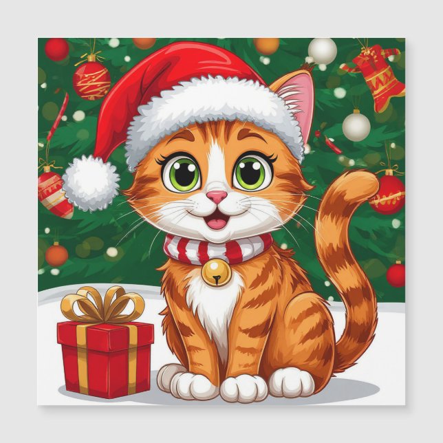 Adorable Cat in Santa Hat with Gift (Front)