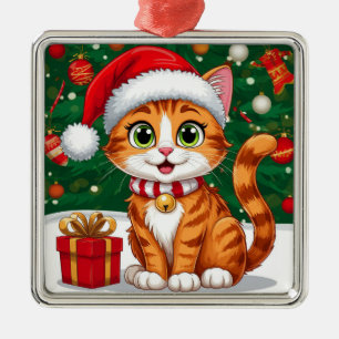 Adorable Cat in Santa Hat with Gift Metal Ornament