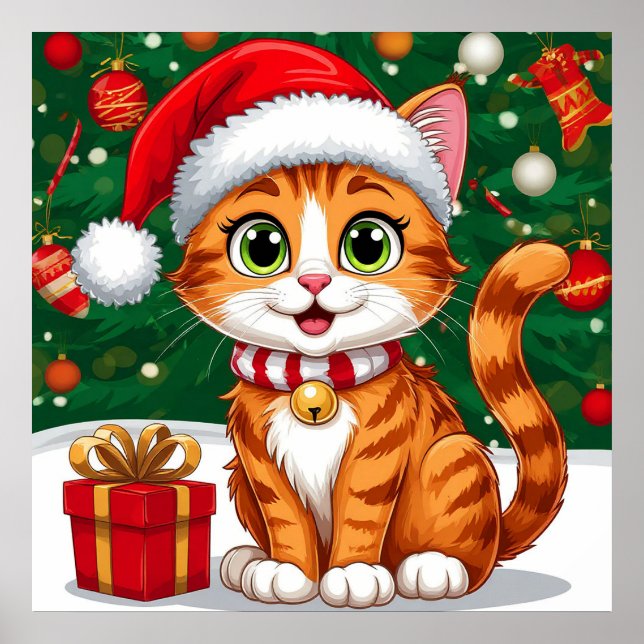 Adorable Cat in Santa Hat with Gift Poster (Front)