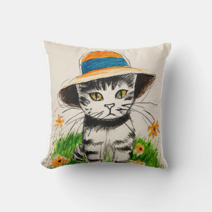 "Adorable Cat in Sun Hat Pillow Design by Young Ar