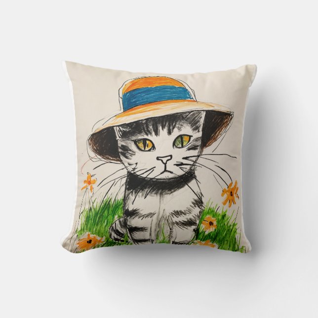 "Adorable Cat in Sun Hat Pillow Design by Young Ar (Front)