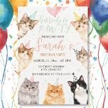 adorable Cat kids Birthday Invitation<br><div class="desc">Invite your friends to the purr-fect party with this charming kitten-themed invitation! This adorable design features seven different watercolor cats wearing party hats surrounding the text, ready to "PAW-TY". The soft background is accented with pink balloons and confetti, setting a fun, playful tone. It's the ideal invite for any cat...</div>