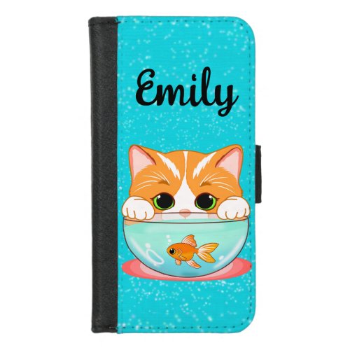 Adorable Cat Looking into Goldfish Bowl With Name iPhone 8/7 Wallet Case