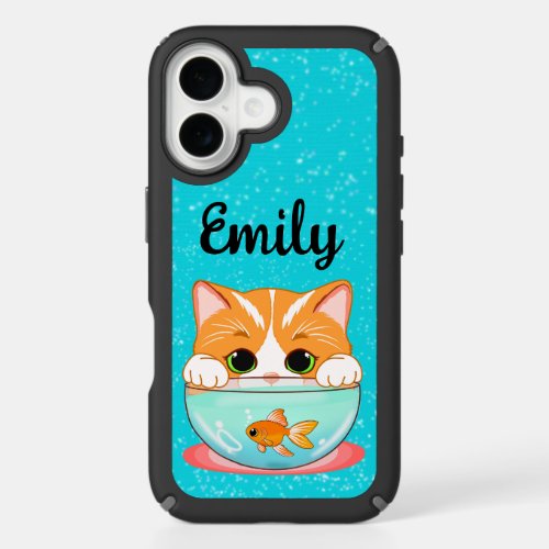 Adorable Cat Looking into Goldfish Bowl With Name iPhone 16 Case