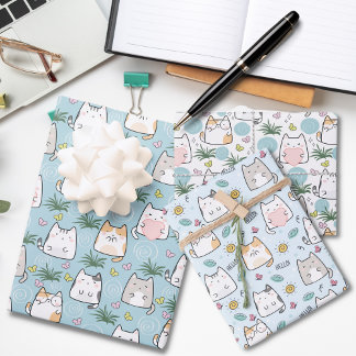 Adorable Cat Love Blue Themed Wrapping Paper Sheets