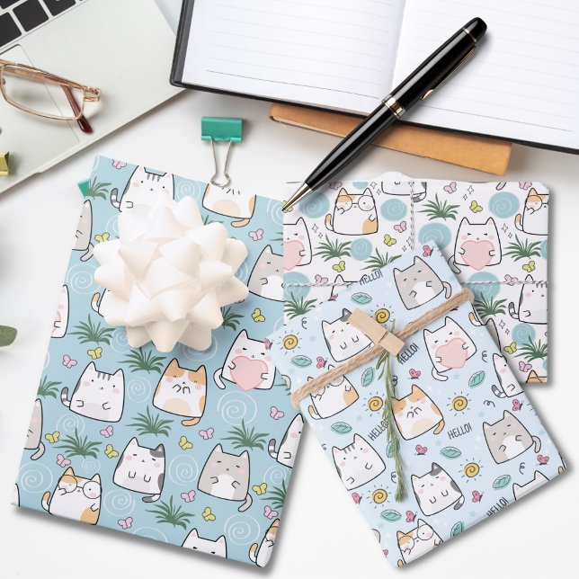 Adorable Cat Love Blue Themed Wrapping Paper Sheets (Creator Uploaded)