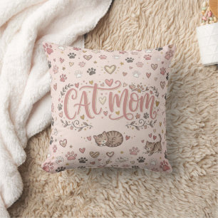 Adorable Cat Mom Decorative Soft Pink Pillow