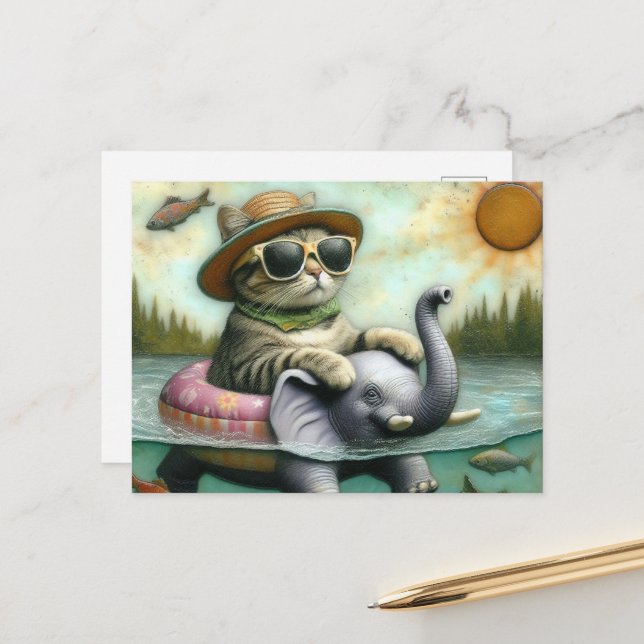 Adorable Cat on an Elephant at the Lake Fish Jump Postcard (Front/Back In Situ)
