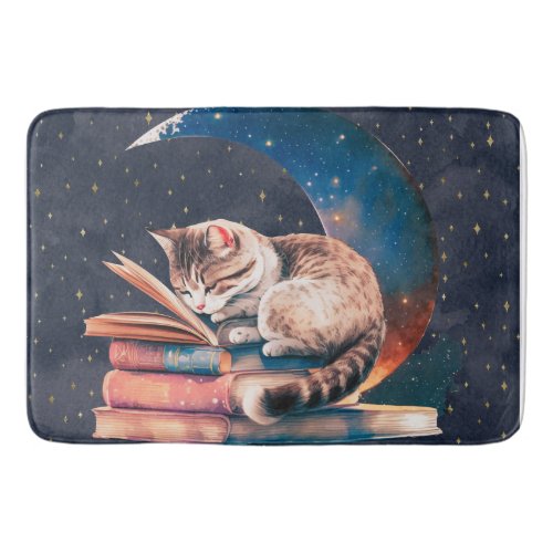 Adorable Cat on the Moon Reading A Book Bath Mat