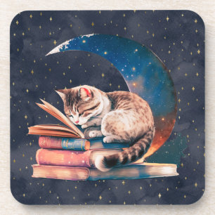 Adorable Cat on the Moon Reading A Book Beverage Coaster