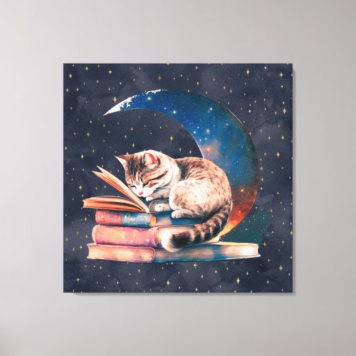 Adorable Cat on the Moon Reading A Book Canvas Print