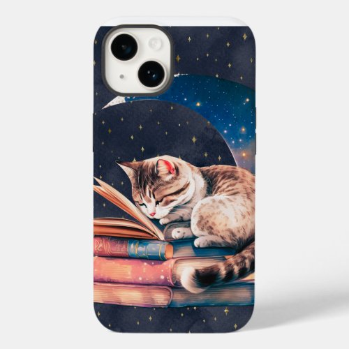 Adorable Cat on the Moon Reading A Book Case_Mate iPhone 14 Case