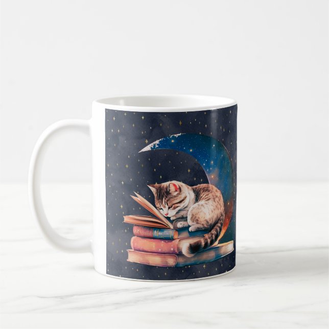 Adorable Cat on the Moon Reading A Book Coffee Mug (Left)