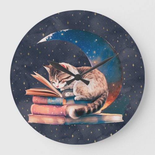 Adorable Cat on the Moon Reading A Book Large Clock