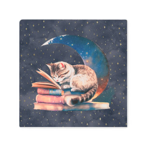 Adorable Cat on the Moon Reading A Book Metal Print