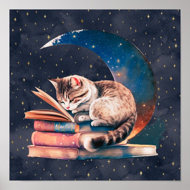 Adorable Cat on the Moon Reading A Book Poster (Front)