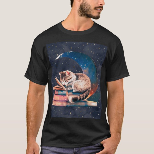 Adorable Cat on the Moon Reading A Book T-Shirt (Front)