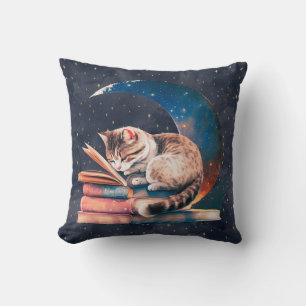 Adorable Cat on the Moon Reading A Book Throw Pillow