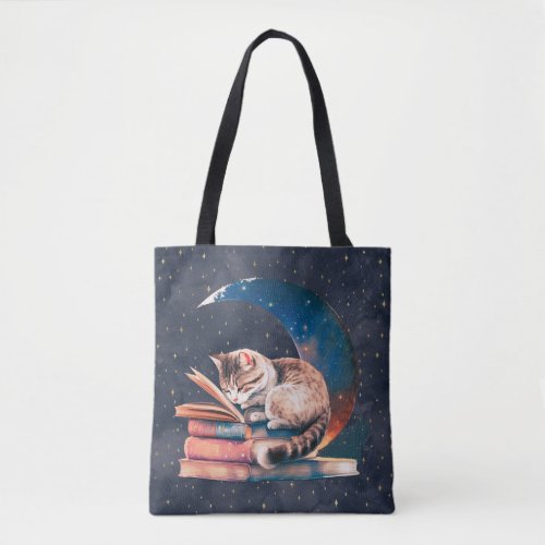 Adorable Cat on the Moon Reading A Book Tote Bag