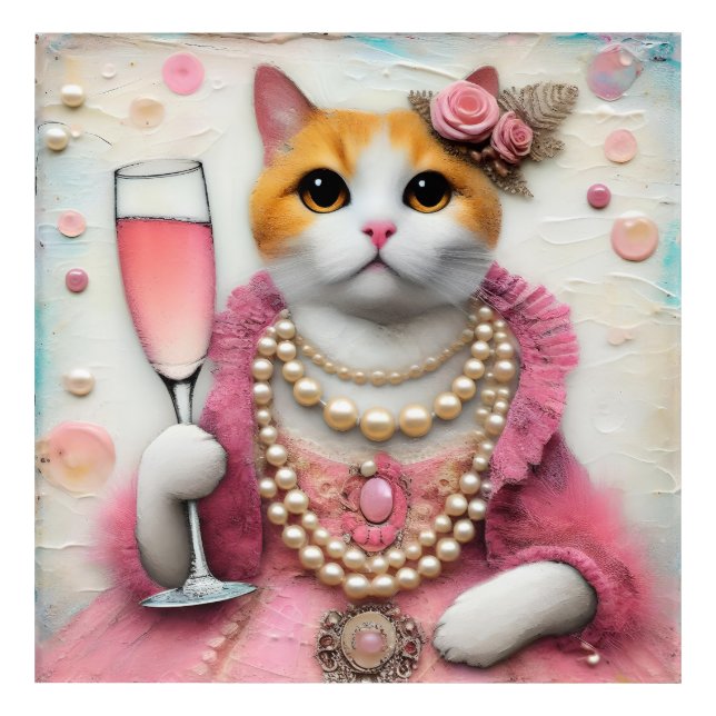 Adorable Cat Pink Dress With Pearls with Drink Acrylic Print (Front)