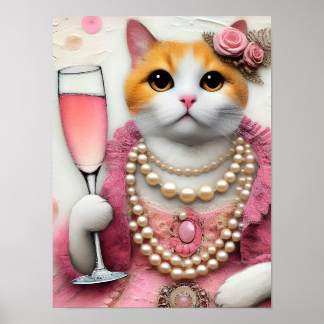 Adorable Cat Pink Dress With Pearls with Drink Poster (Front)