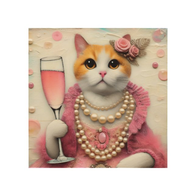 Adorable Cat Pink Dress With Pearls with Drink Wood Wall Art (Front)