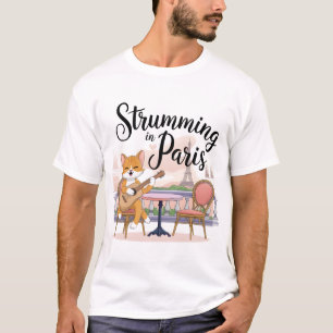 Adorable Cat Playing Guitar on Parisian Cat Art T-Shirt
