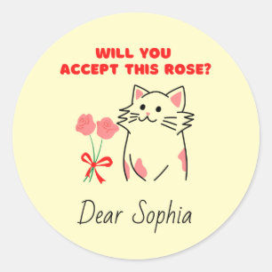 Adorable Cat&Rose Classic Round Sticker