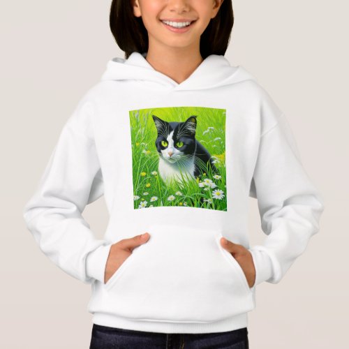 Adorable Cat sitting in a field of Daisies  Hoodie