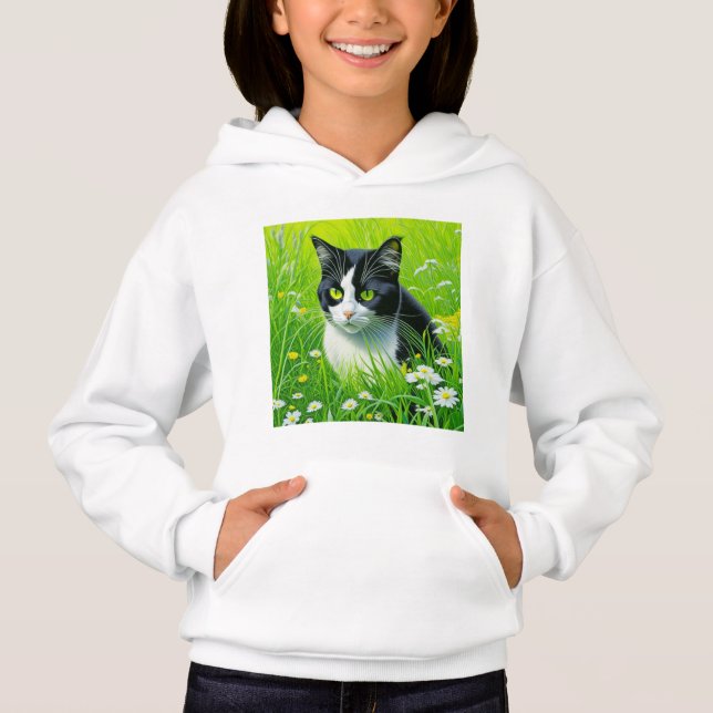 Adorable Cat sitting in a field of Daisies  Hoodie (Front)