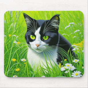 Adorable Cat sitting in a field of Daisies Mouse Pad