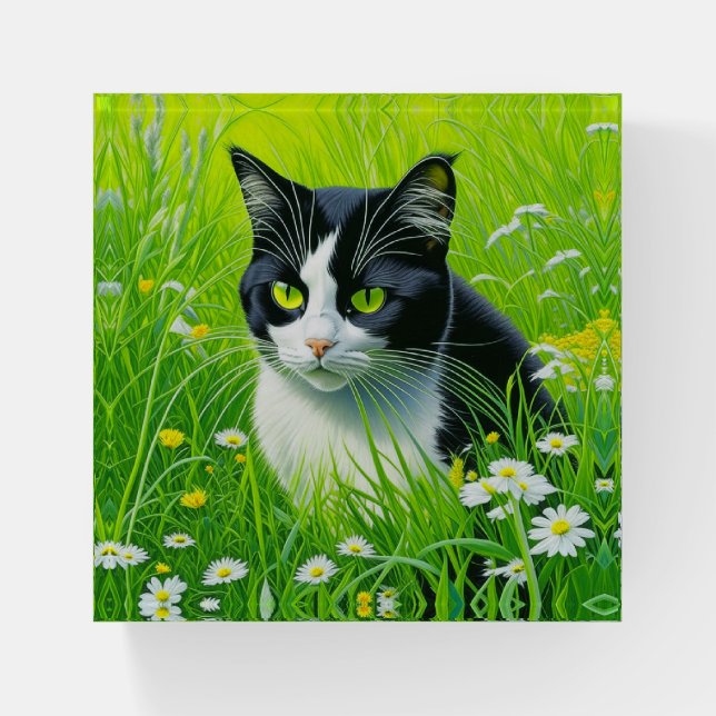Adorable Cat sitting in a field of Daisies  Paperweight (Front)