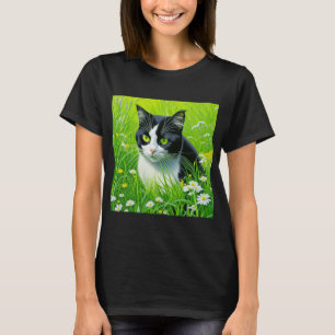 Adorable Cat sitting in a field of Daisies T-Shirt