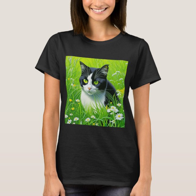 Adorable Cat sitting in a field of Daisies  T-Shirt (Front)