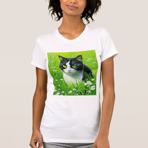 Adorable Cat sitting in a field of Daisies  T_Shirt