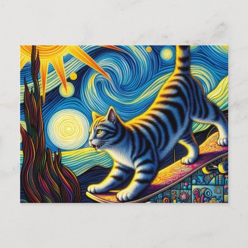 Adorable Cat Skateboarding Postcard