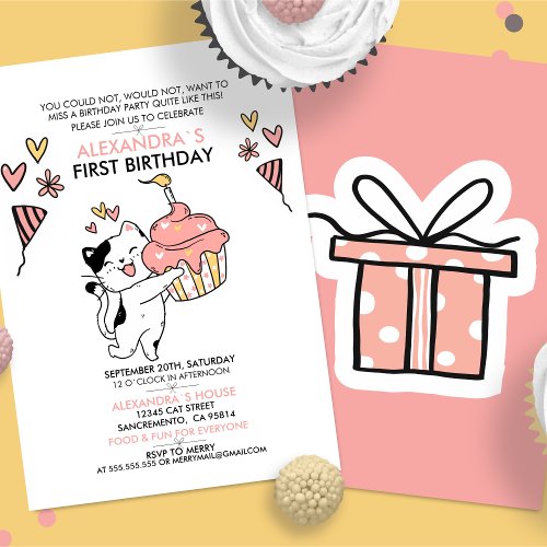 Adorable Cat_Themed First Girl Birthday Invitation