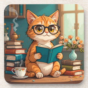 Adorable Cat Wearing Glasses Reading a Book Beverage Coaster
