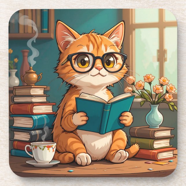 Adorable Cat Wearing Glasses Reading a Book Beverage Coaster (Front)