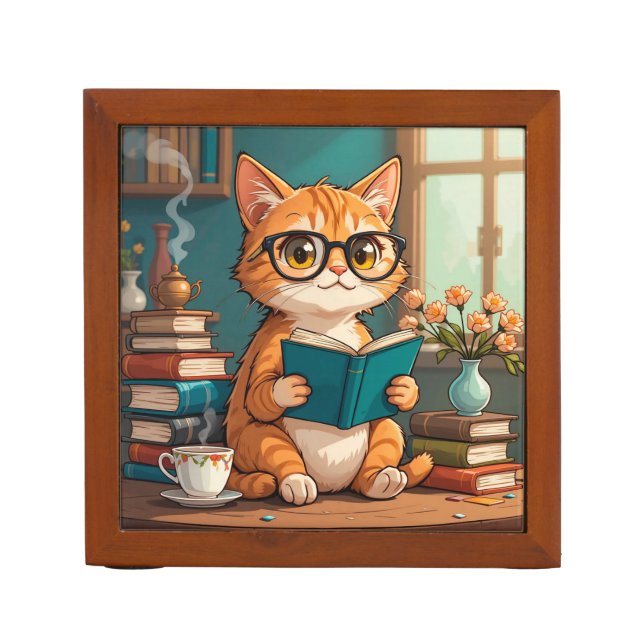 Adorable Cat Wearing Glasses Reading a Book Desk Organizer (Front)