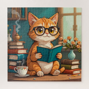 Adorable Cat Wearing Glasses Reading a Book Jigsaw Puzzle