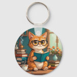 Adorable Cat Wearing Glasses Reading a Book Keychain